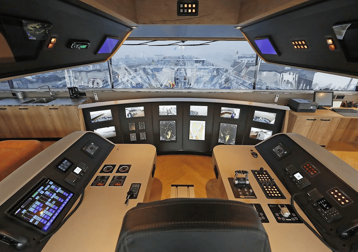 Ship bridge console with Beetronics marine displays integrated in panels.