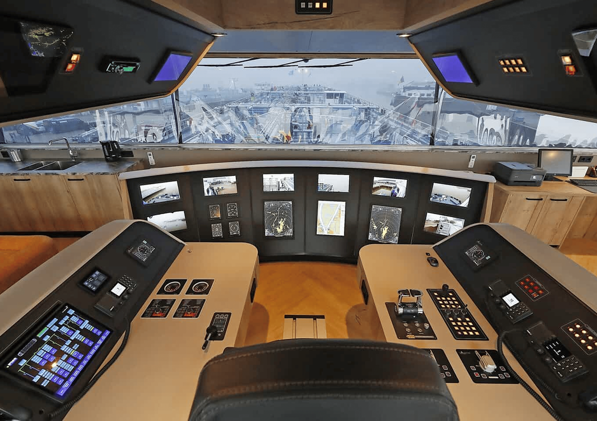 Ship bridge console with Beetronics marine displays integrated in panels.