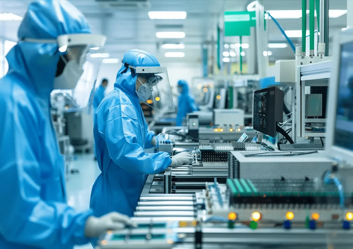 Cleanroom technicians assembling display modules during bonding.