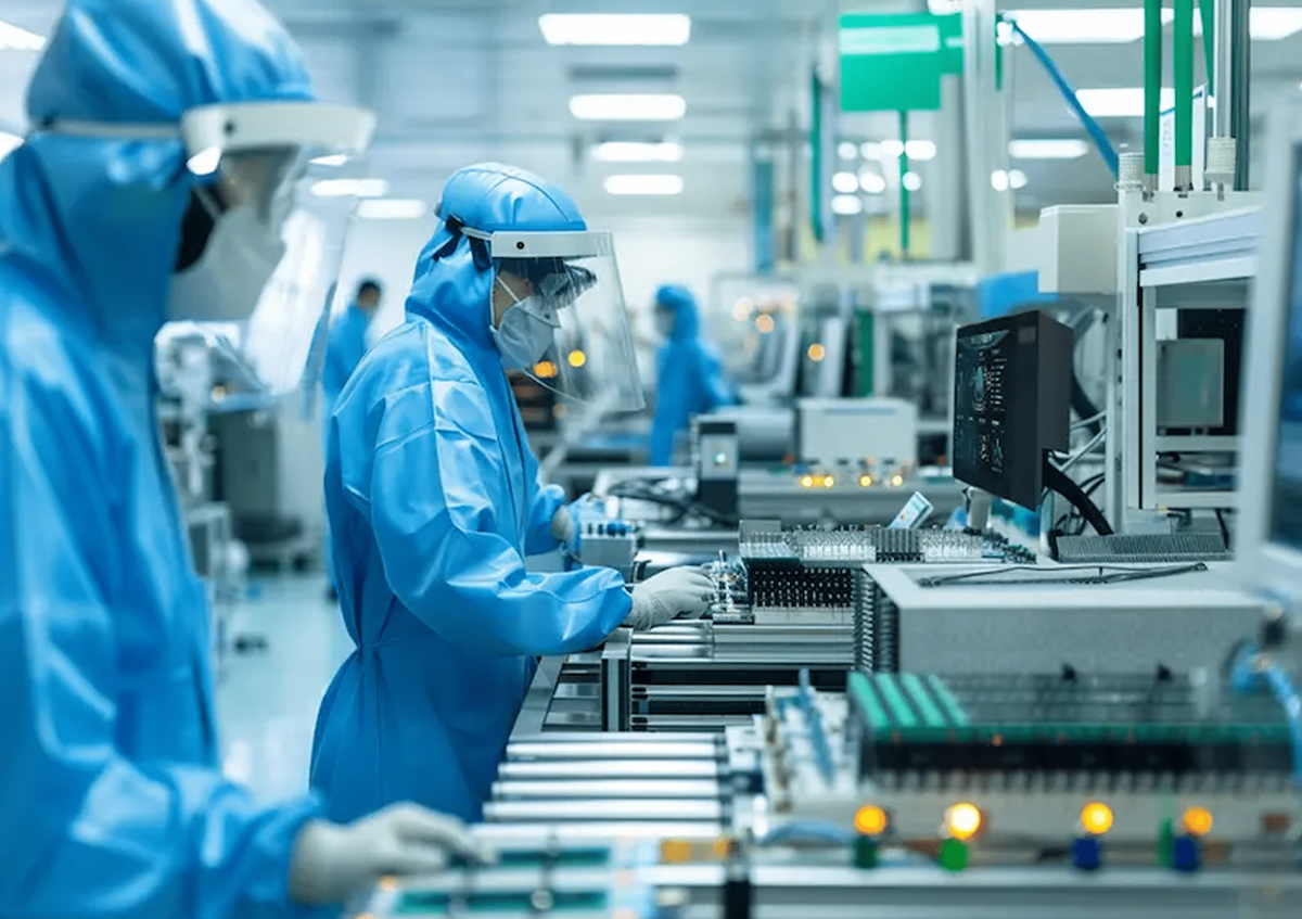Cleanroom technicians assembling display modules during bonding.