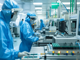 Cleanroom technicians assembling display modules during bonding.