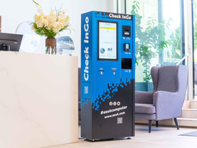 Compact hotel self-service check-in kiosk with Beetronics touchscreen, designed for 24/7 unattended operation.