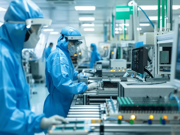 Cleanroom technicians assembling display modules during bonding.