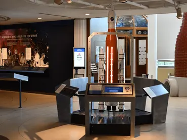 Rocketry museum exhibit with panel-mounted Beetronics touchscreen stations.