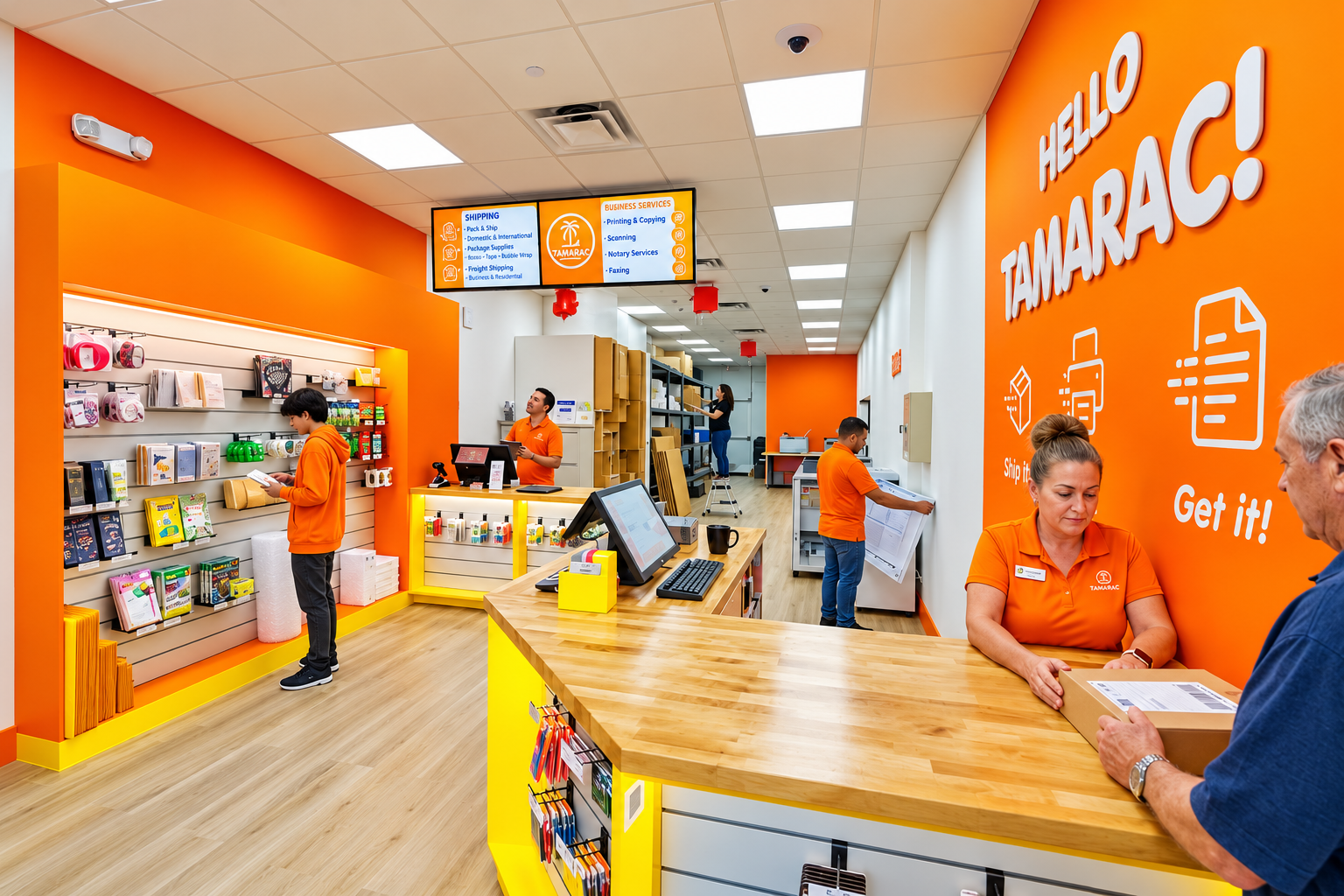 Oh Ship! employee assisting a customer with a package at the checkout counter, featuring touchscreen POS monitors and shipping supplies.