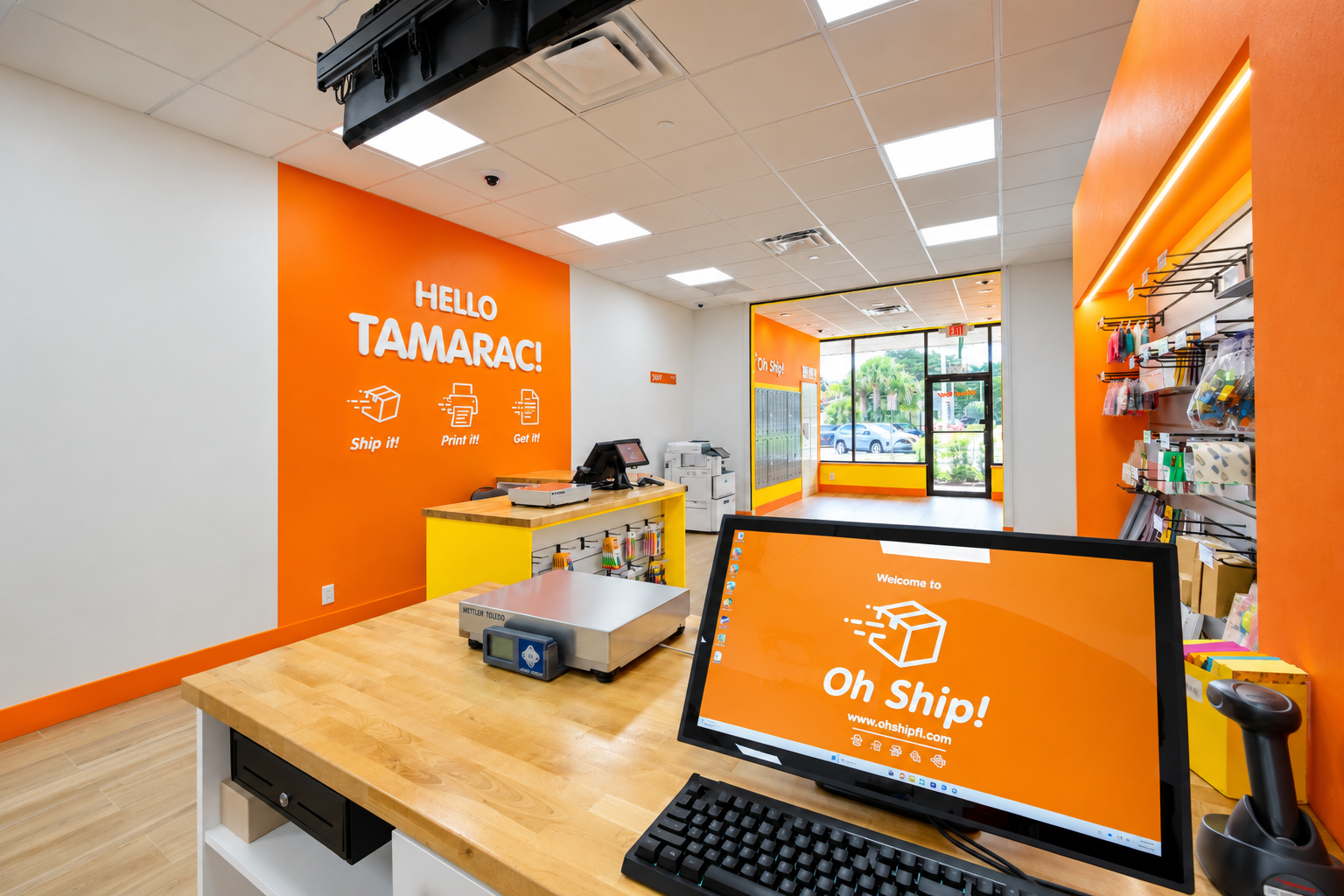 Touchscreen POS monitor at the Oh Ship! shipping and printing store in Tamarac, featuring a modern checkout counter and orange branded interior.